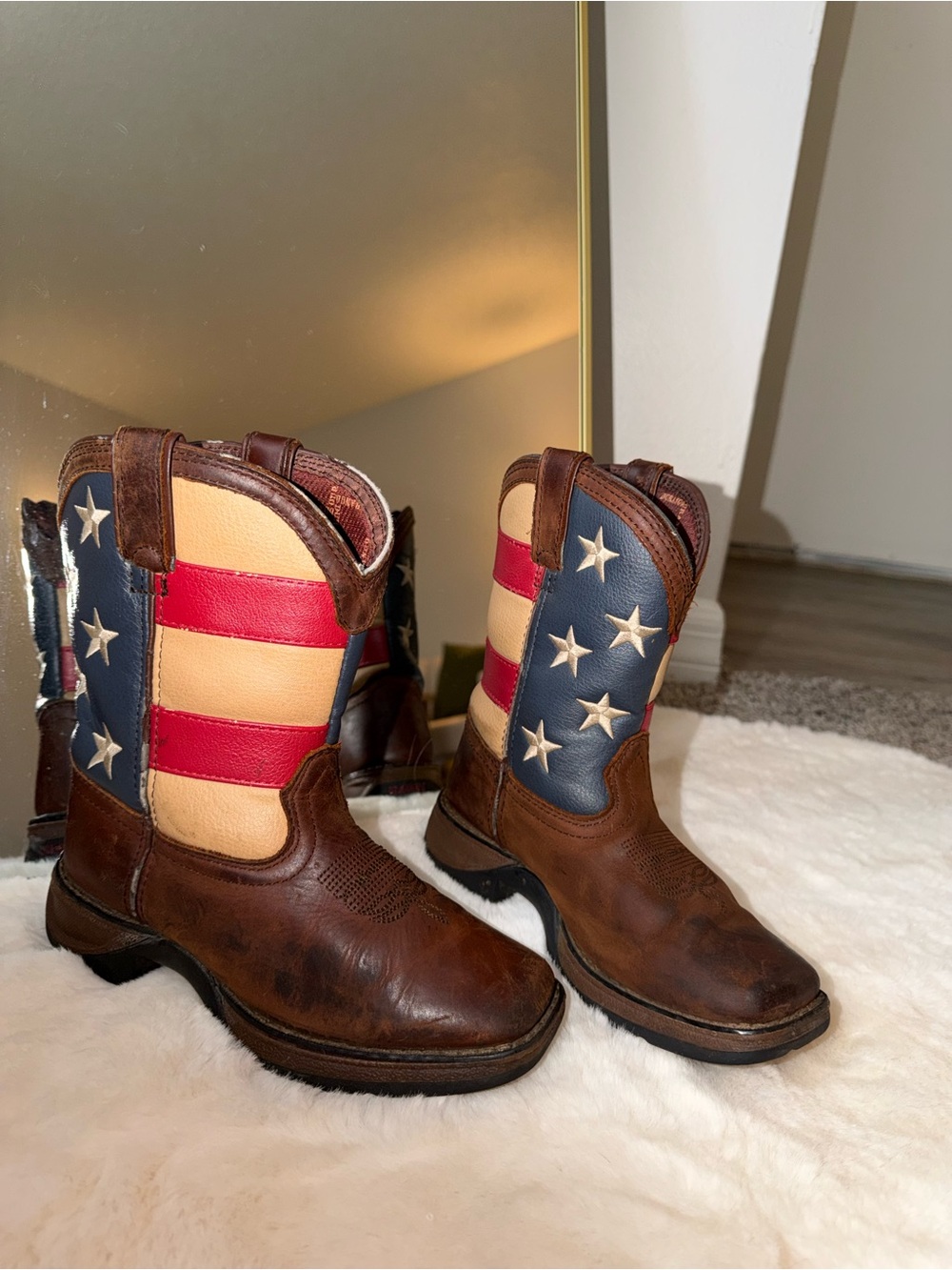 Durango Kids Brown Cowboy Boots with Red, White & Blue Flag Shaft